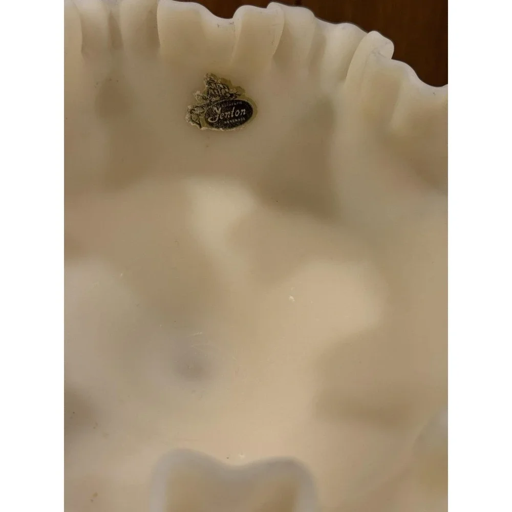 Fenton Satin Custard Compote Pedestal Ruffle Top Candy Dish Bowl Hand Painted